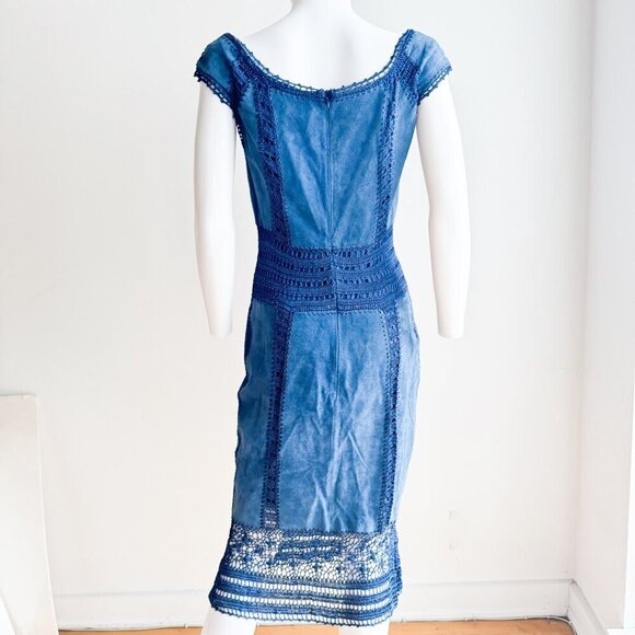 Danier Leather Blue Suede Crochet Bodycon Midi Dress 8 - Picture 7 of 8